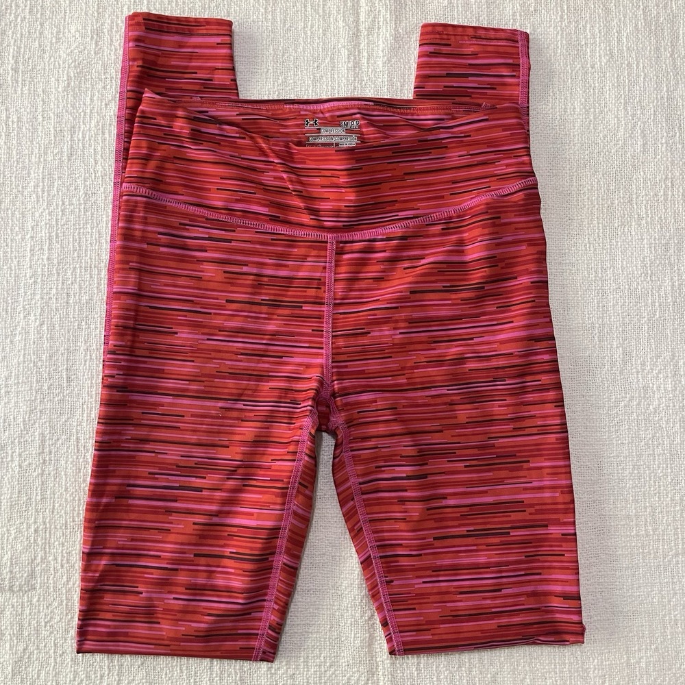 Under Armour Heat Gear Women's Small Compression Red Pink Striped Leggings‎